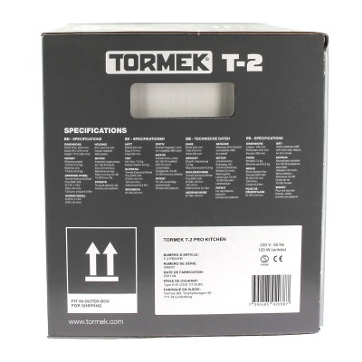 Vue du côté droit du carton de transport de l'affûteuse Tormek T-2 Pro